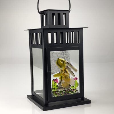 Rabbit on a Fused Glass Lantern made at Kinki Glass Workshops in ironbridge Shropshire