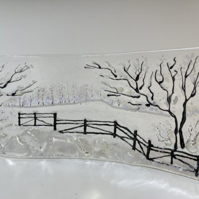 Winter Scene on a Fused glass wave panel made at Kinki Glass Workshops in Ironbridge Shropshire